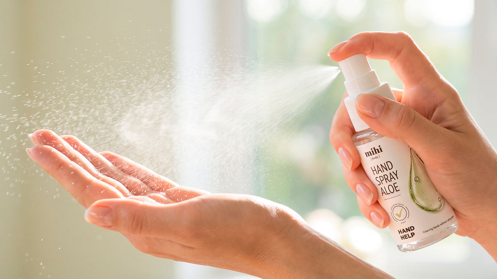 Spray de manos MIHI con aloe y efecto antibacteriano. Limpieza de manos sin necesidad de agua 50 ml